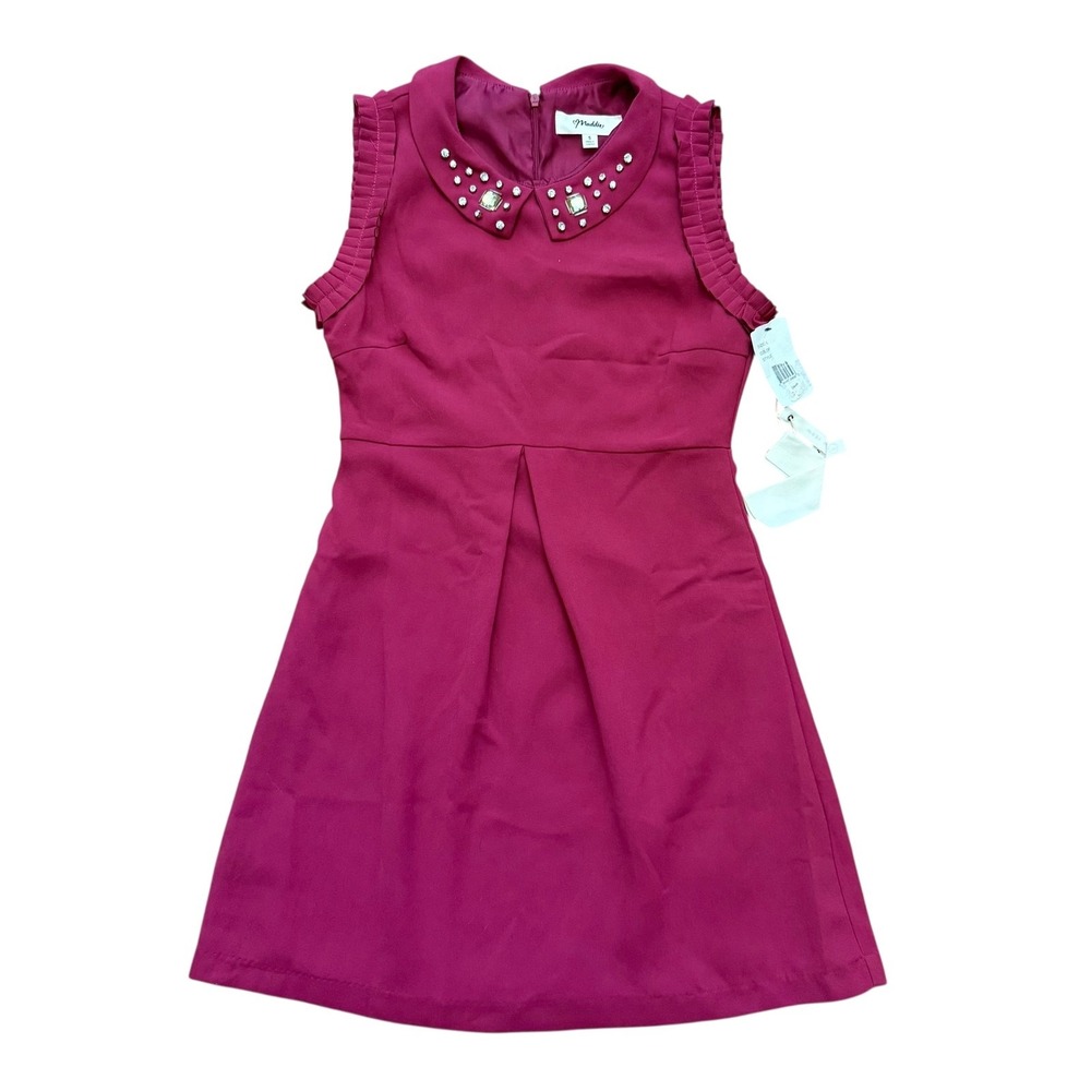 Maddie Juniors Size 5 Sleeveless Dress Burgundy Jeweled Collar A-Line New